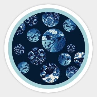 Japanese Abstract Collage Kuniyoshi Print Circles Indigo/Blue/Aqua Sticker